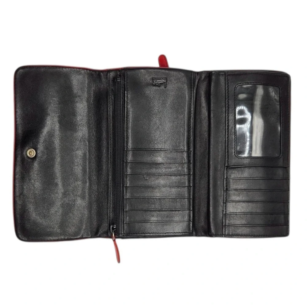 Vintage Lodis Los Angeles Smooth Black Leather Wallet Clutch Red Trim Zip Coin